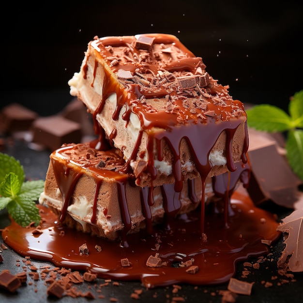 Czekoladowy deserowy tort i gofr z polewą czekoladową
