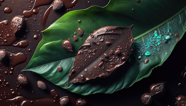 Czekoladowy liść z czekoladowymi kroplami na nim