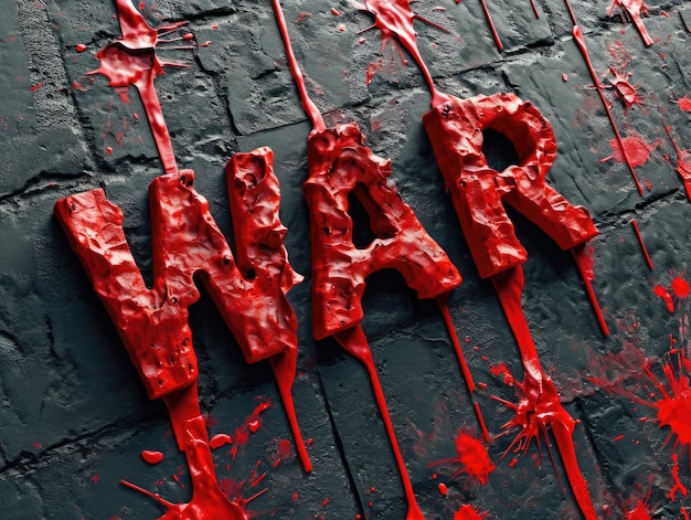 Czerwona 3D inskrypcja WAR na czarnym tle betonowym z czerwoną farbą AI generatywną