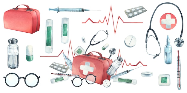 Czerwona apteczka medyczna z zastrzykami stetoskopowymi, tabletkami gipsowymi i okularami Akwarela ilustracja ręcznie rysowane Kompozycja z elementami izolowanymi na białym tle
