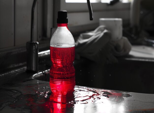 Zdjęcie czerwona butelka spray na blacie kuchennym w świetle słonecznym
