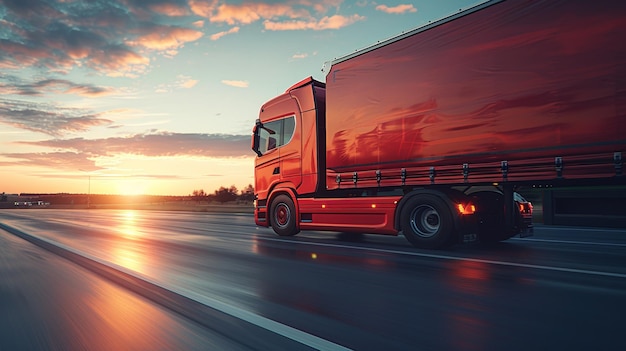 Czerwona ciężarówka biegnąca wzdłuż autostrady w Sunset Logistics and Freight Concept