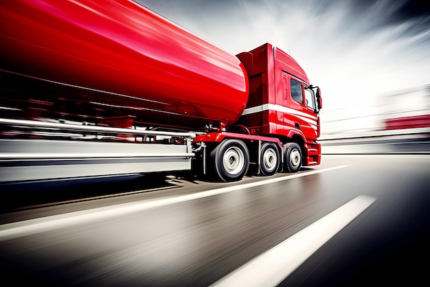 Czerwona ciężarówka z długim zbiornikiem do transportu produktów naftowych pędzi z dużą prędkością autostradą dostarczającą materiał do rafinerii ropy naftowej