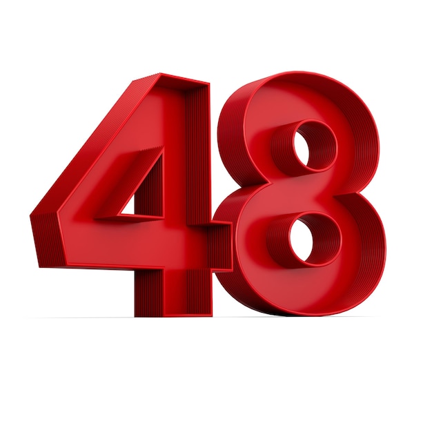 Czerwona cyfra 48 lub czterdzieści osiem z wewnętrznym cieniem odizolowanym na białej ilustracji 3d