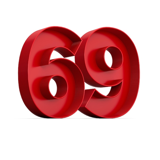Czerwona cyfra 69 lub sześćdziesiąt dziewięć z wewnętrznym cieniem odizolowanym na białym tle ilustracji 3d