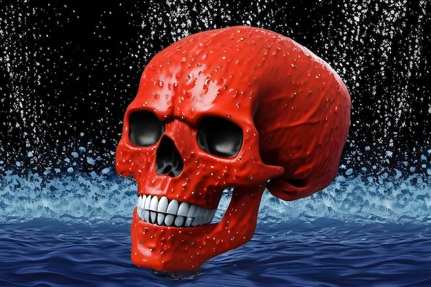 Zdjęcie czerwona czaszka duża z białymi zębami w wodzie z odpryskami na ciemnym tle scary halloween skull