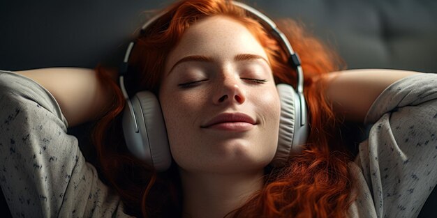 Zdjęcie czerwona dziewczyna w słuchawkach słuchająca muzyki generatywna sztuczna inteligencja