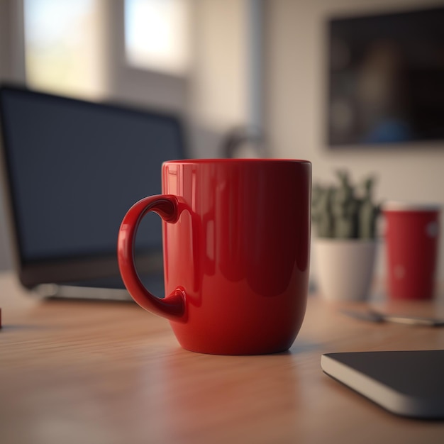 Czerwona filiżanka kawy siedzi na drewnianym biurku z telefonem i filiżanką kawy.