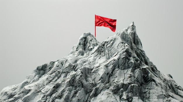 Czerwona flaga machająca na śnieżnym szczycie góry symbol osiągnięć i sukcesu idealny dla motywacyjnych tematów AI