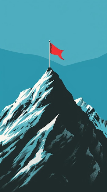 Czerwona flaga na szczycie pokrytej śniegiem góry