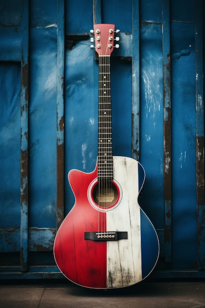 Czerwona gitara akustyczna na niebieskiej ścianie generatywnej AI