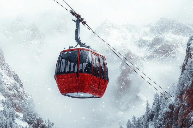 Zdjęcie czerwona gondola latająca przez śnieżne szczyty gór na przezroczystym tle png image