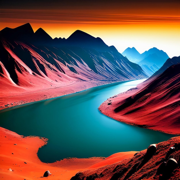 Czerwona góra z błękitną rzeką pośrodku