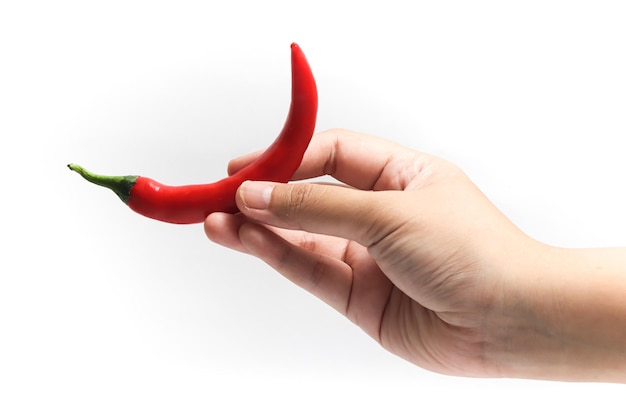 Zdjęcie czerwona gorąca papryka chili w otwartej ręce izolowana na białym tle ścieżki wycinania