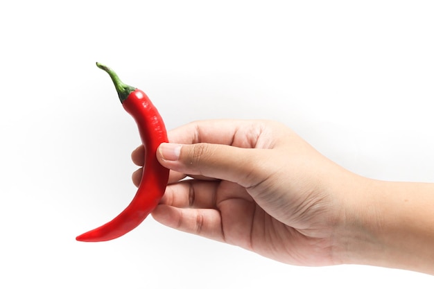 Zdjęcie czerwona gorąca papryka chili w otwartej ręce izolowana na białym tle ścieżki wycinania