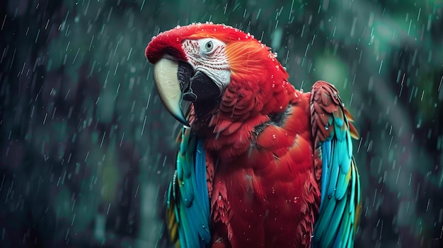 Czerwona i niebieska papuga stojąca w deszczu