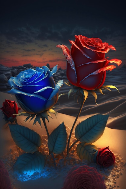 Czerwona i niebieska róża siedzi na generatywnej piaszczystej plaży