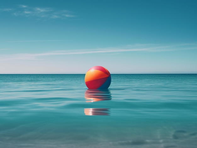 Czerwona i pomarańczowa kula unosząca się w oceanie z błękitnym niebem w tle.