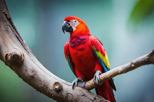 Czerwona i zielona papuga siedzi na gałęzi