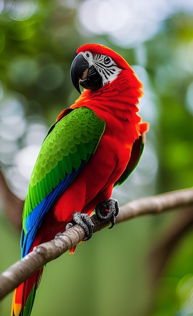 Czerwona i zielona papuga siedzi na gałęzi.