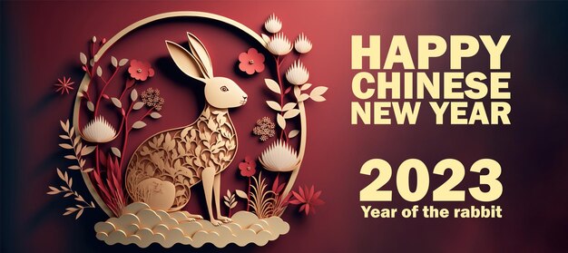 Czerwona i złota karta chińskiego nowego roku z królikiem i rokiem królika.