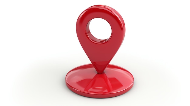 Czerwona ikona wskaźnika mapy Wskaźnik jest wykonany z błyszczącego materiału i siedzi na małym podium Tło jest proste białe