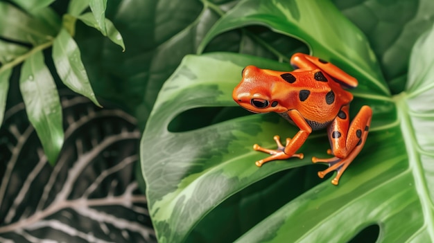 Czerwona jadowita żaba na zielonym liście z kropelami wody