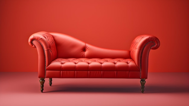 Czerwona kanapa w pokoju z czerwonym tłem.