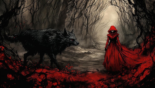 Zdjęcie czerwona kapturka przechadza się przez głęboki las.