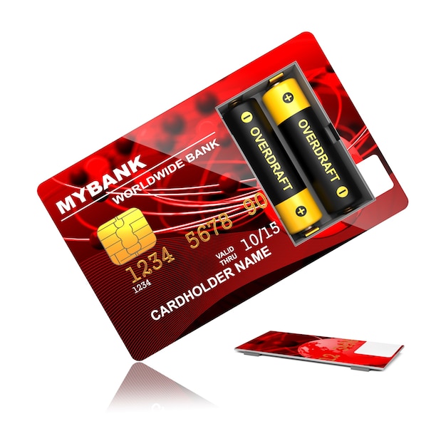 Czerwona karta kredytowa z bateriami na białym tle