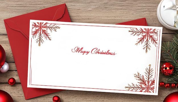 Zdjęcie czerwona karta świąteczna czerwone ozdoby świąteczne i sezonowe pozdrowienia biała pusta karta do tekstu