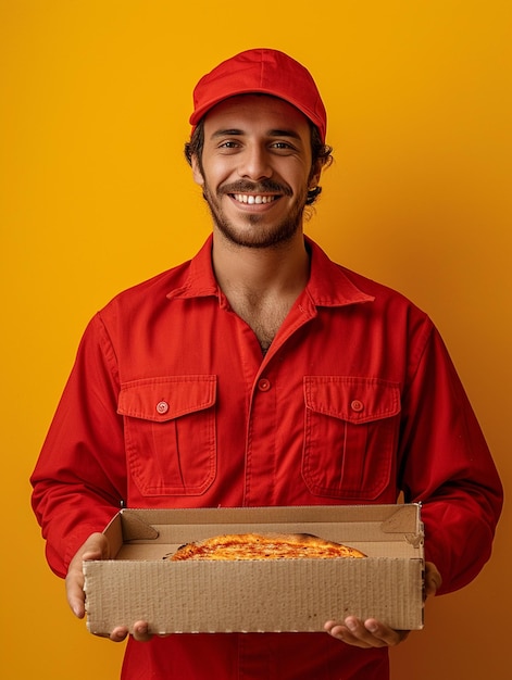 Czerwona koszulka z szczęśliwym mężczyzną dostarczającym pizzę izolowaną na żółtym tle