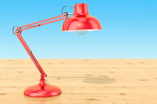 Czerwona lampa biurkowa na drewnianym stole renderowania 3D