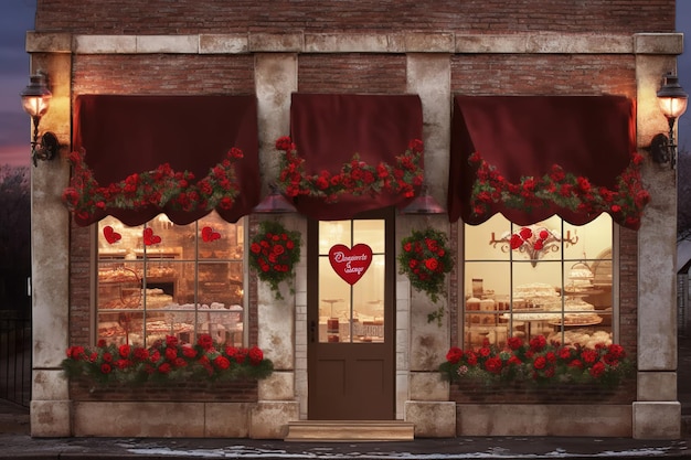 Czerwona markiza z sercem na froncie budynku z napisem „miłość”.
