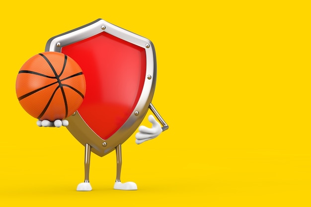 Czerwona metalowa osłona charakteru maskotka z piłką do koszykówki na żółtym tle. Renderowanie 3D