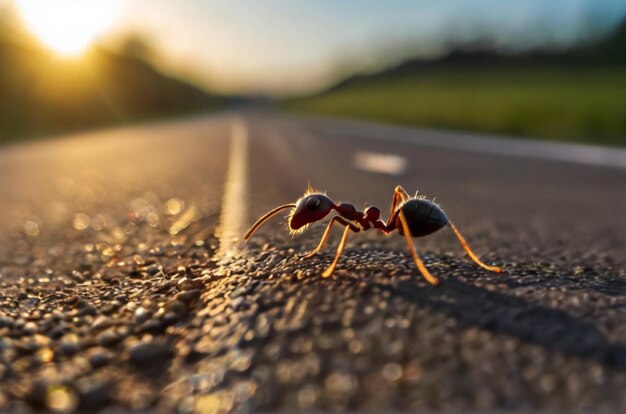 Czerwona mrówka chodzi po betonowej podłodze