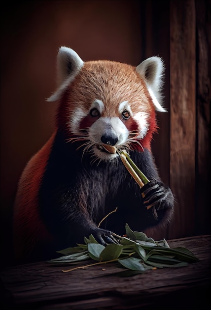 Czerwona panda delektująca się posiłkiem z pędów bambusa generatywnego ai