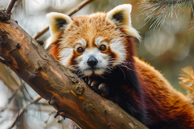 Czerwona panda na gałęzi drzewa w lesie