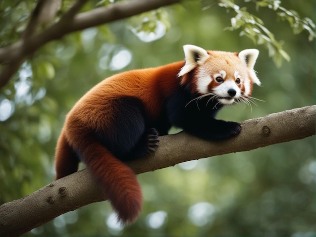Czerwona panda siedzi na gałęzi drzewa.