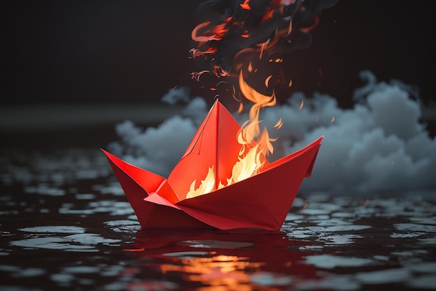 Zdjęcie czerwona papierowa łódź w ogniu.