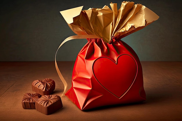 Czerwona papierowa torba i czekoladowe serce w kształcie prezentu walentynkowego stworzone za pomocą generatywnej ai