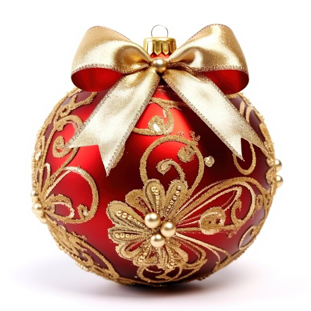 Czerwona piłka bożonarodzeniowa z wstążką i złotym wzorem izolowanym na białym tle Generative ai