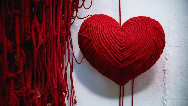 Czerwona przędza w kształcie serca na tle ściany