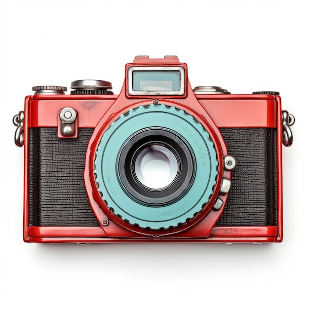 Czerwona ramka na zdjęcia aparatu retro na białym tle