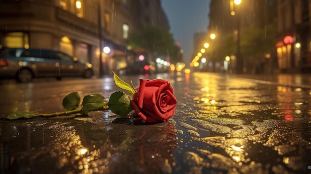 Czerwona róża leży na ulicy w deszczu.