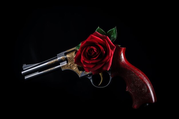 Czerwona róża strzelająca z pistoletu odizolowana na czarnym tle generatywnej sztucznej inteligencji