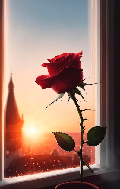 Czerwona róża w garnku na parapecie na tle zachodzącego słońca