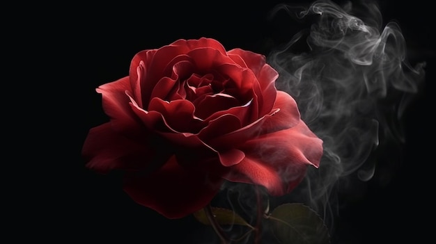 Czerwona róża z dymem na czarnym tleGenerative ai