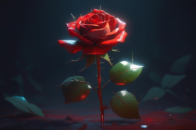 Zdjęcie czerwona róża z kolczastą łodygą 4k aktyw gry od góry w dół scentralizowany płaski efekt neneon tło 4k