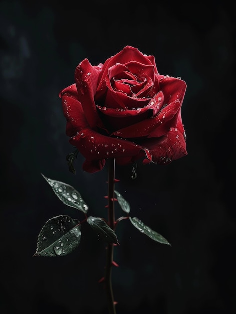 Czerwona róża z kropelami rosy na ciemnym tle